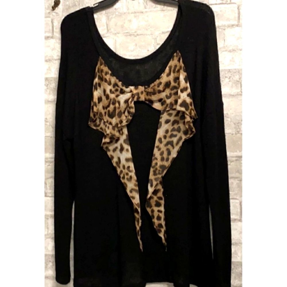 Women's Black Knit Sweater With Animal Print Bow by Moa Moa EUC